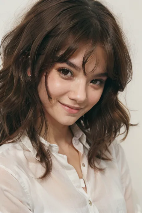 Tomboy girl, smiling with brown wavy hair, Brown eyes, and white shirt 