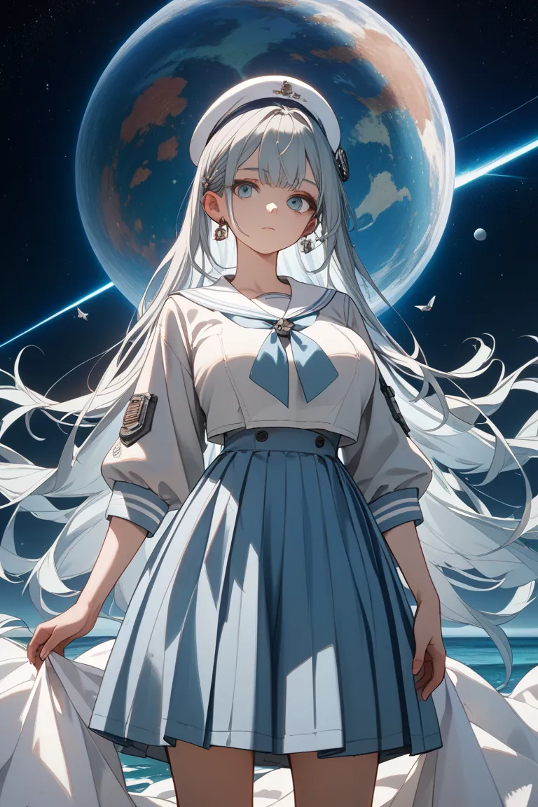 Gray port header、young woman、Big Breasts、is standing、white sailor hat、light grey shirt、light blue sailor skirt、Half stripped 、gray canvas、 light blue semi-long hair、 orbital space、holiday、sea、 clear、 Facing Front、lean forward