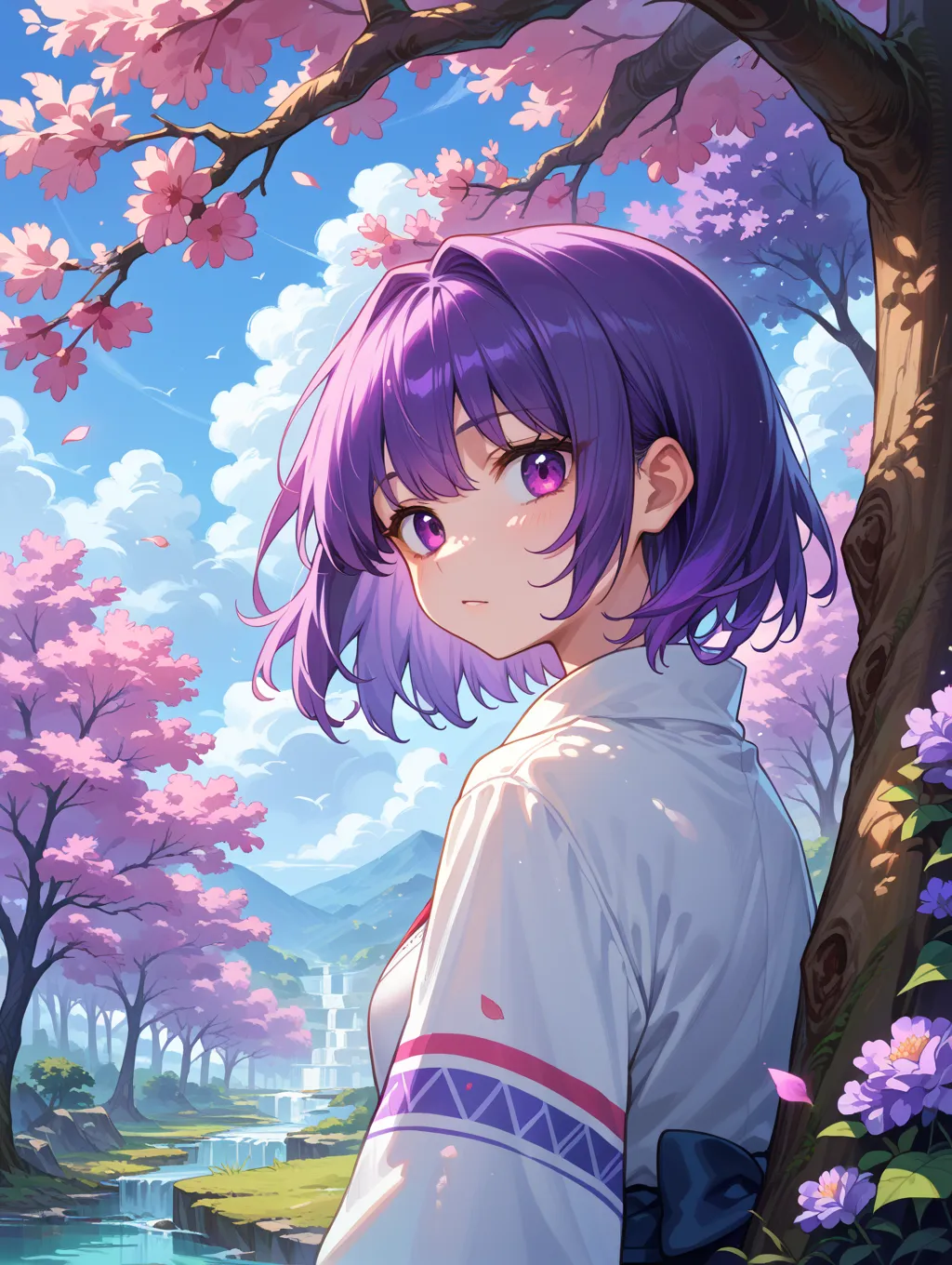 source_anime,mixed Korean,purple hues, day, mystical,high contrast, tree sakura