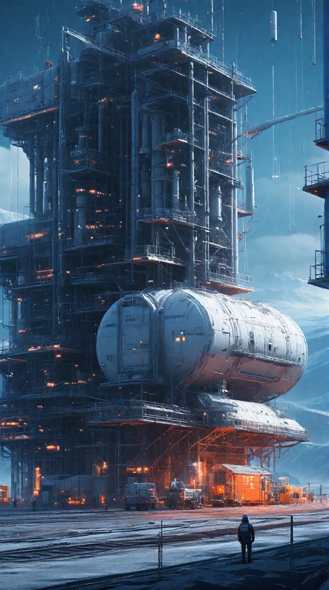 Industrial space base blending the artistic style of Christopher Balaskas and Yuko Shimizu