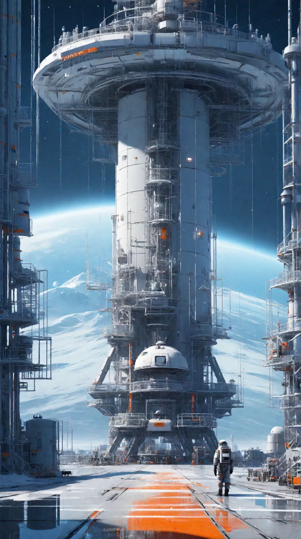 Industrial space base blending the artistic style of Christopher Balaskas and Yuko Shimizu