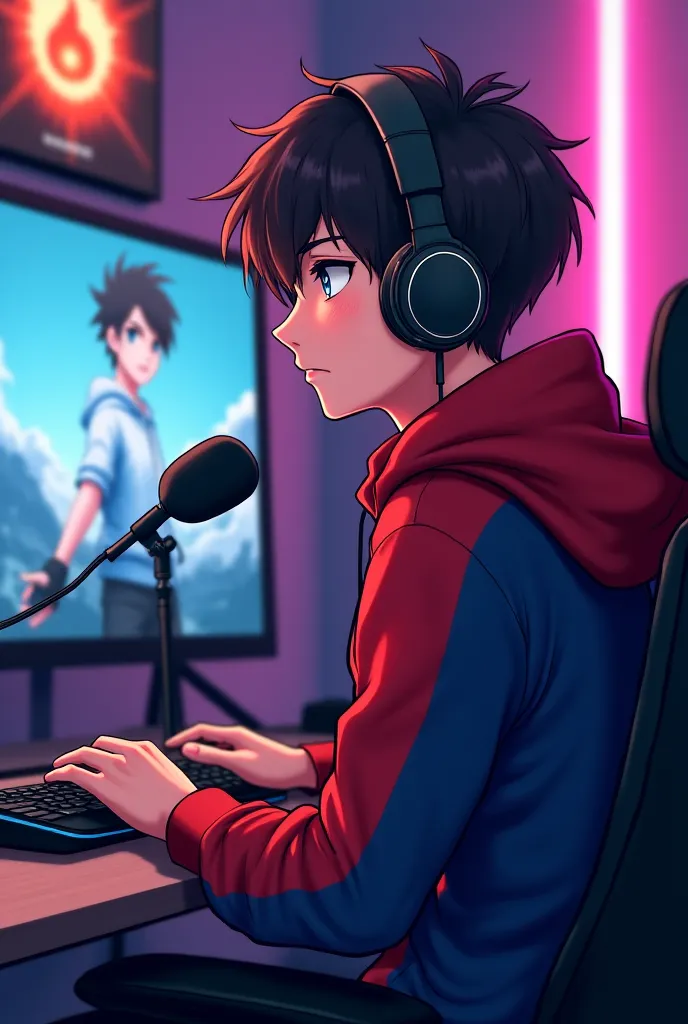 Prompt for creating for character:- "Create a anime boy who have a  mature looking like a man facing in front  he is a  YouTube content creator, sitting in his studio with futuristic gadgets, and there is mic near him ,wearing red and blue hoodie, ( Your c...