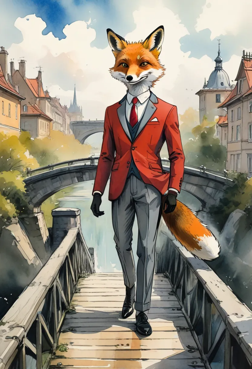 The sky is the background, the background color is less saturated, a red fox-type anthropomorphic character dressed in an elegant suit and tie stands on a bridge, the painting style is more ancient European, ink and watercolor painting, vision.