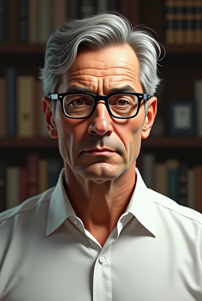 Create a frontal portrait of a man with glasses and little hair, Shirt. With his office in the background 