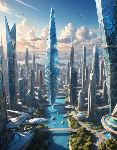 The top and bottom are shaped like glass triangles, are infinitely large, and there are many skyscrapers far high in the sky that look like sharp drills fused with Future City and nature。SF,blue sky,masterpiece,best quality, 100 times the height of the bui...