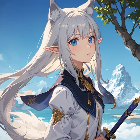 (High detailed) dynamic angle, ultra-detail, illustration, close-up, group, 4  anime girls, elf girl, wolf girl, magician girl, sword girl. 

(high detailed), Fantasy world mountain forest background.