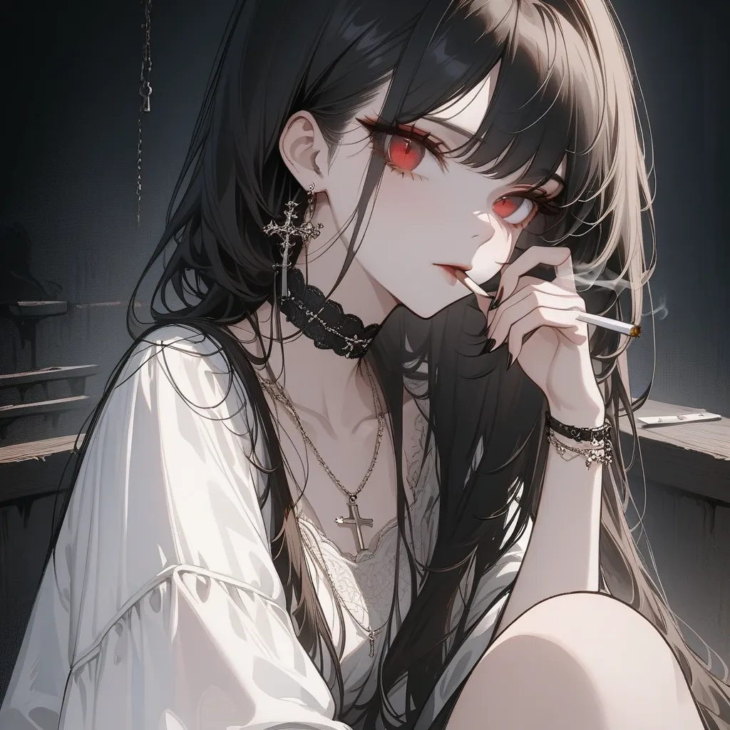 (((high quality))), (((Beautiful in every detail))), ((Dark Illustrations)),black and white,cigarette,the anime art piece has a anime girl 喫cigarette something and a cross of her dress in front of her, 1 girl, Alone,  jewelry, red eyes,choker, cigarette, 喫...