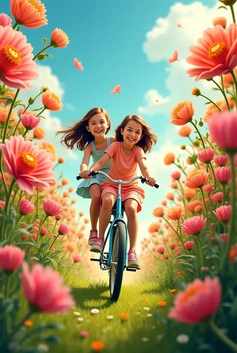 A picture of girls riding a bicycle surrounded by large flowers