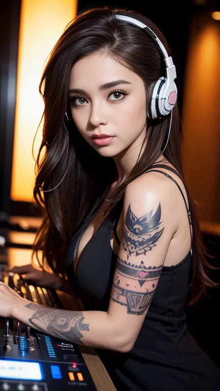 Front view photograph of an attractive DJ with long brown hair, wearing headphones and a black dress with straps, tattooed, with piercings, playing music in a nightclub.