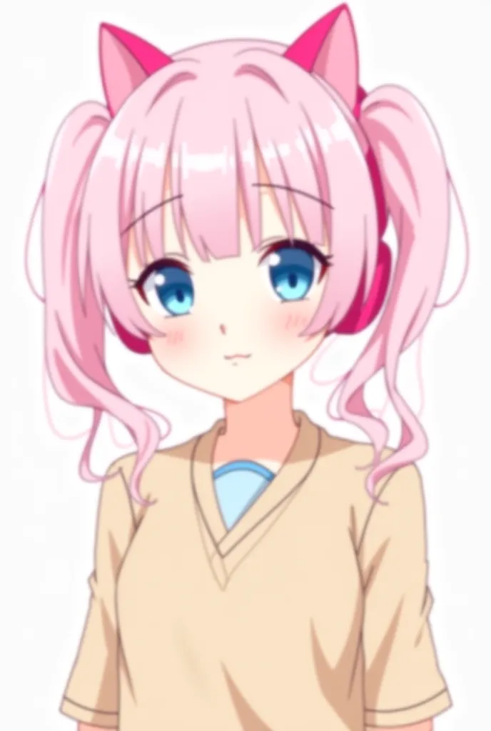 Create a picture of Pink hair anime, hair tied on both sides, wearing pink cat-ear headphones, blue eyes, wearing a light brown school uniform, half body, transparent background, facing 