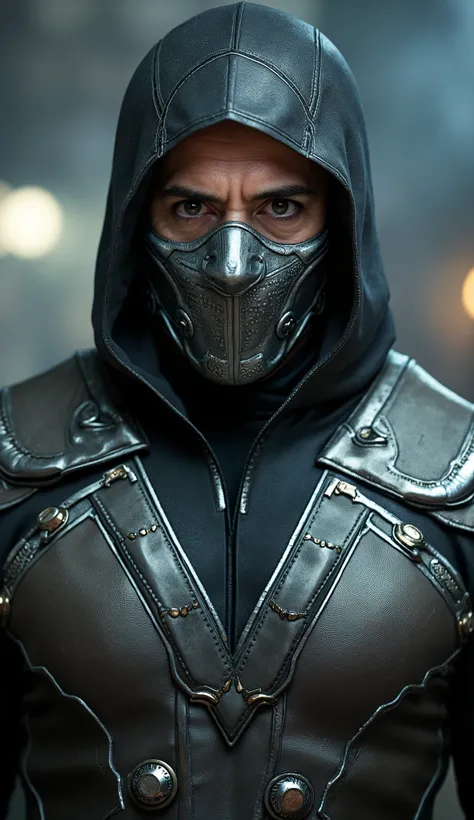 Here is a detailed prompt to generate an image ** super realistic** do ROBERT DOWNEY JR como **Smoke**, focused on **upper body**, with a shiny metallic outfit and impactful details, and a striking background:
---
**"Close-up hiper-realista do Jake Gy...