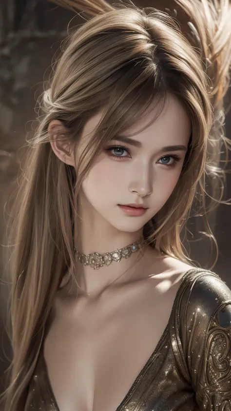 A stunning masterpiece by Luis Royo, featuring a top-quality and realistic portrayal of a beautiful girl with shiny, natural skin texture. This surreal portrait captures the essence of youth and beauty, with intricate details on the girl's two arms and two...