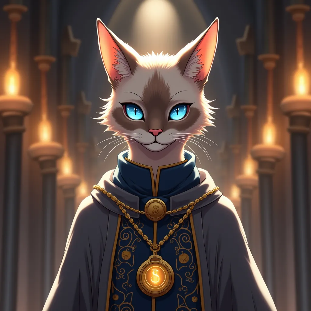  Create an illustration of a male tabaxi with fur in the pattern of a Siamese cat, highlighting his penetrating blue eyes. He must be portrayed as a clergyman, with a quiet and serene expression. Tabaxi is dressed in long priestly robes that flow elegantly...