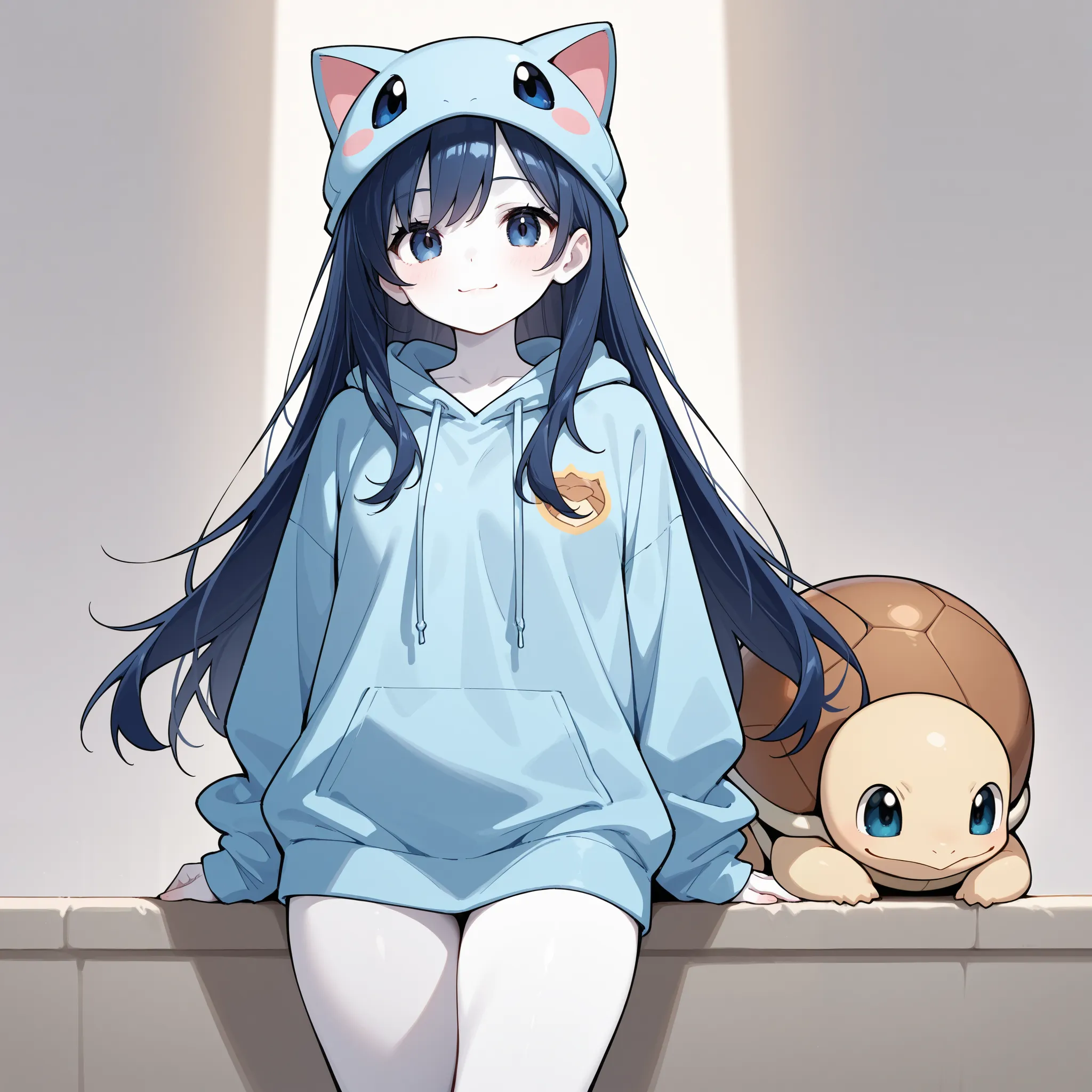 best image quality、Ultra-clear、highest resolution、 best thighs、dark blue hair、dark blue eyes、hoodie、smile、The best face、Bedhead、long hair、1 woman、 white skin、 Squirtle、front、Cat ear hat