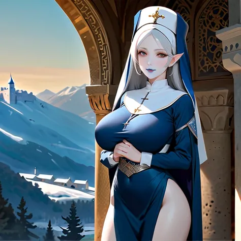 Masterpiece, High Resolution, HD, Best Quality, High Details, High Quality, fantasy, character alone.
{{(A 50-years-old nun lady:(Pale skin. Blue lips. Beautiful Brown Eyes. pale white hair. Pointy short ears. Beautiful feminity. Mature Beauty. Big breasts...