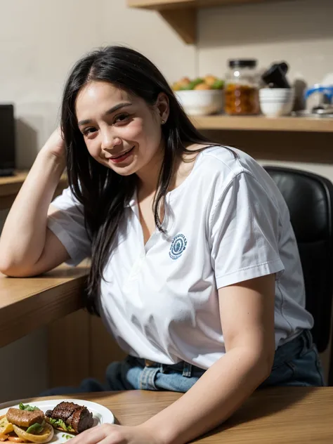 a woman sitting at a table with  food, long hair, smile, black hair, short sleeves, indoors, head rest