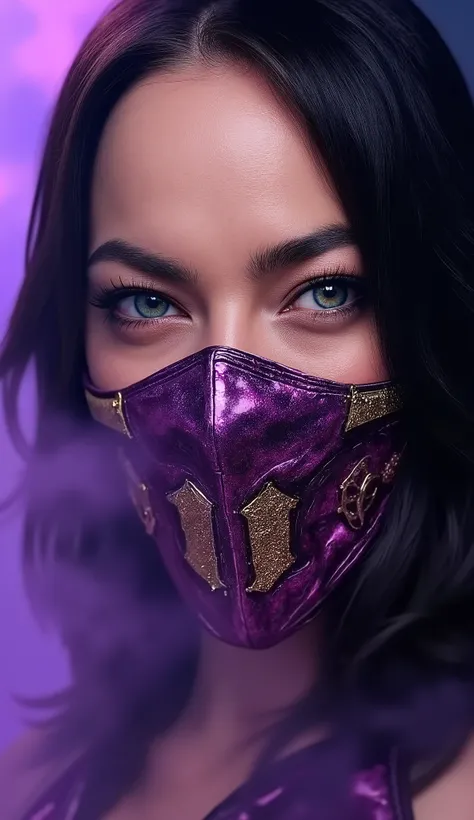 Here is a detailed prompt to generate an image ** super realistic** by Emma Stone as **Mileena**, focused **only on the face**, with a very detailed and shiny metallic purple mask, and an impactful background: --- **"Hyper-realistic close-up of Lucy Liu's ...