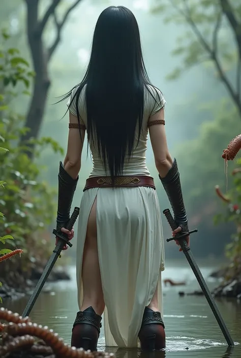 A high-detail, Low-angle , realistic photograph captures the full-body image of a  beauty and cute Chinese girl with a good figure, black straight long hair, wearing a white color Very high cut leotard with belt and legs armor and hold the sword in her han...