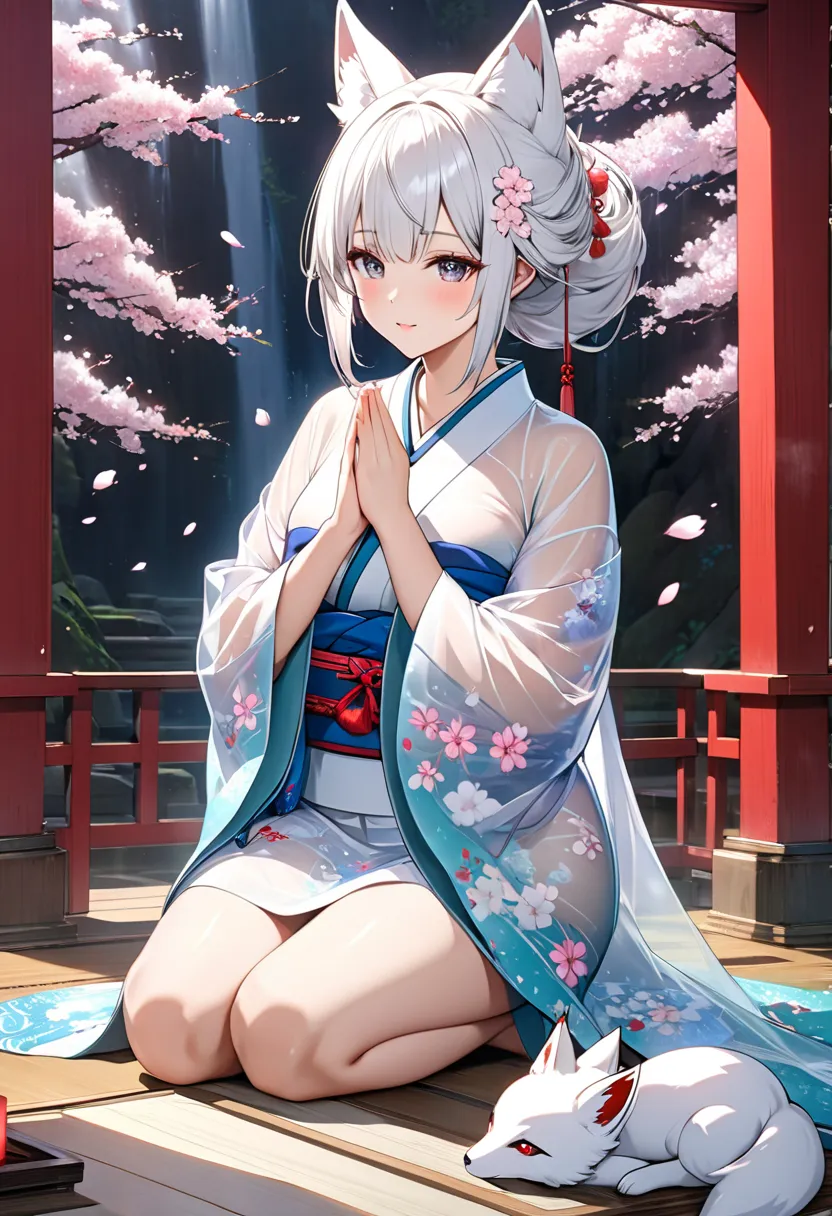 A beautiful white-haired beauty in a kimono and an anthropomorphic white fox, Shrine maiden sitting down and praying, Cherry blossom blizzard spreading all over the floor and shiny kimono sleeves, Crystal clear kimono, Transparent kimono, See-through kimon...