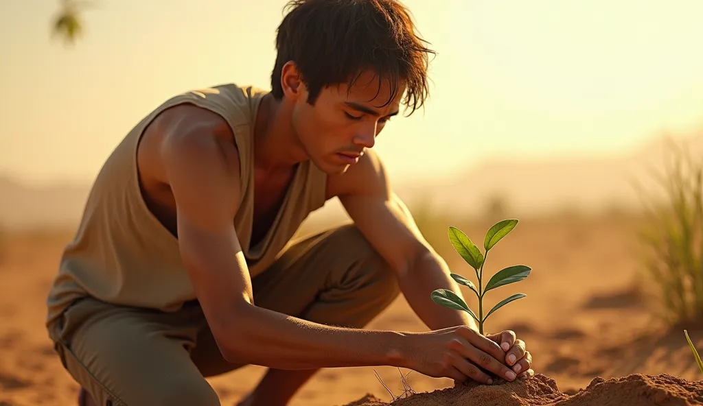 Kavi who is young man watering the seed under the scorching sun.The ground has no grass.