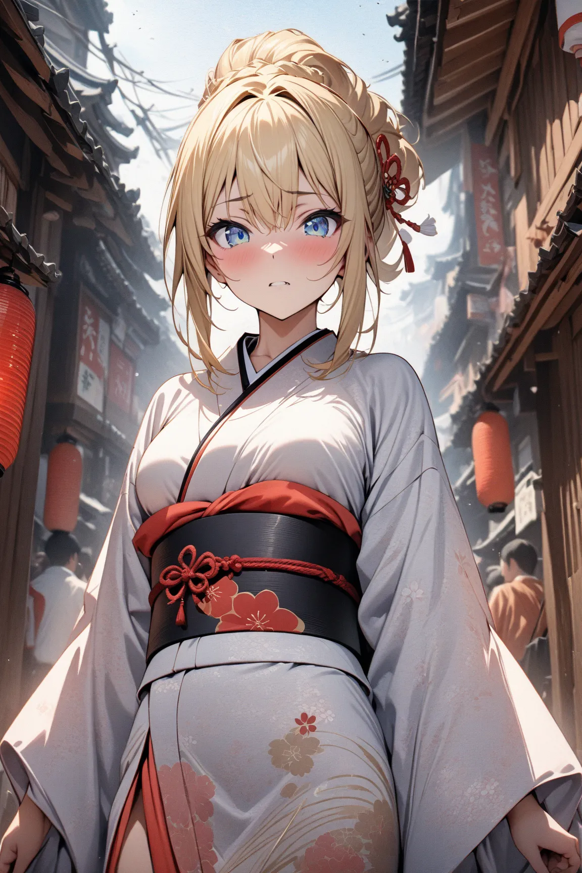 (masterpiece, detailed:1.2), One Girl, (18-years old), blonde one updo, Medium Breasts, sky blue eyes, BREAK, Highest quality, Japanese town, Japanese Kimono, from front below:1.3,