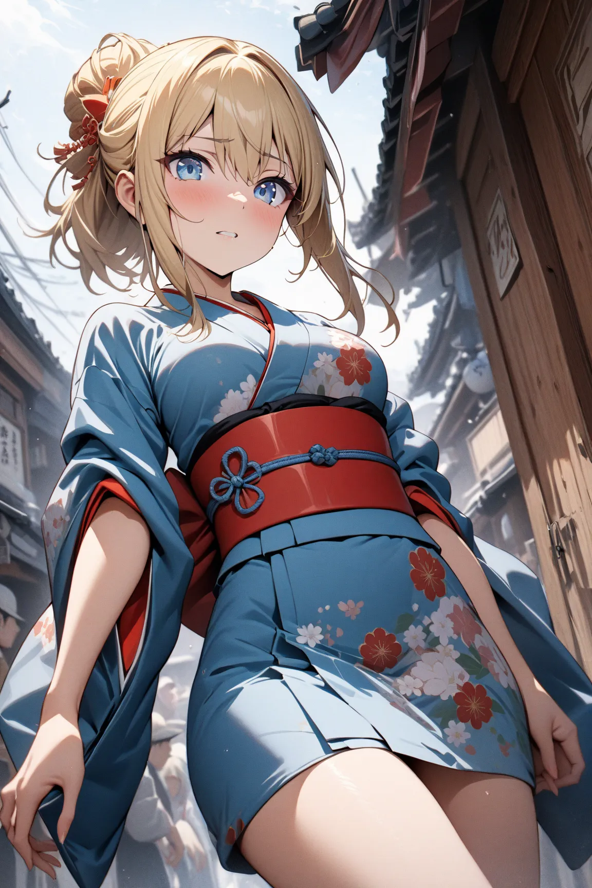 (masterpiece, detailed:1.2), One Girl, (18-years old), blonde one updo, Medium Breasts, sky blue eyes, BREAK, Highest quality, Japanese town, Japanese Kimono, from front below:1.3,