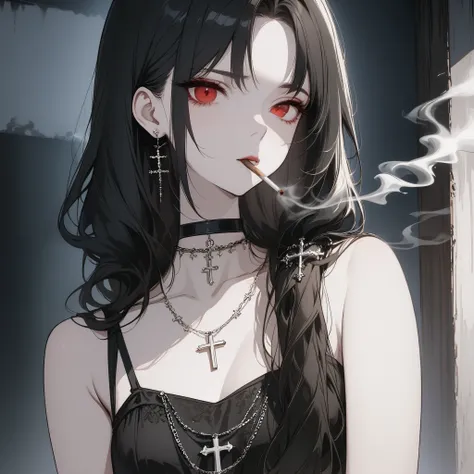 (((high quality))), (((Beautiful in every detail))), ((Dark Illustrations)),((black and white color)),From cigarette to smoke ,the anime art piece has a anime girl smoking something and a cross of her dress in front of her, 1 girl, Alone,  jewelry, red eye...