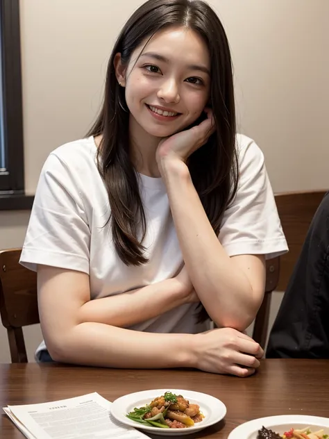 a woman sitting at a table with  food, long hair, smile, black hair, short sleeves, indoors, head rest