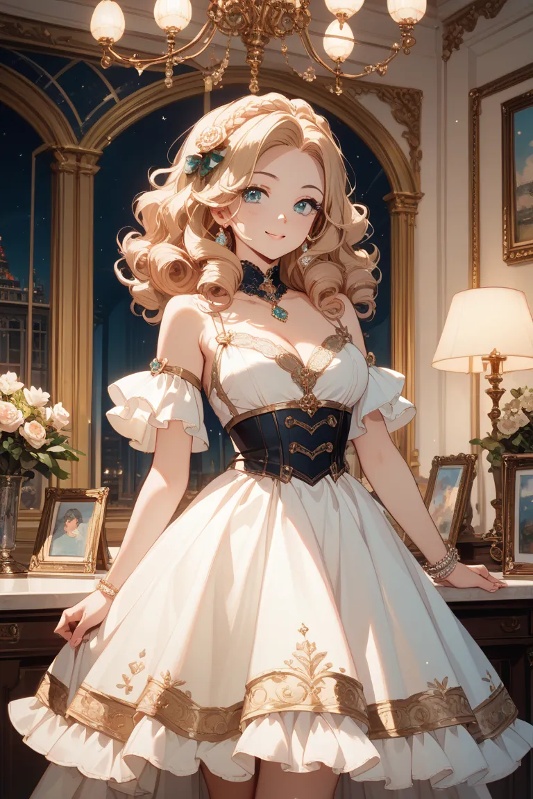 Game icons you can't get without paying。Cute, luxurious curly hair with an AI-like painting style。Wearing a dress