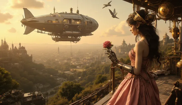 (best quality, 128k,highres,masterpiece:1.2),ultra-detailed,(realistic,photorealistic,photo-realistic:1.37), ((masterpiece)) ((photography)) ((Highest quality)) A breathtaking steampunk airship hovers gently over a lush garden terrace, bathed in the soft g...