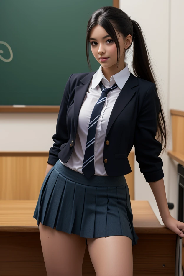 school girl, 20 years, , delgado, Horse tail, photorealistic, Whole body, Scantily dressed, the hottest girl in school