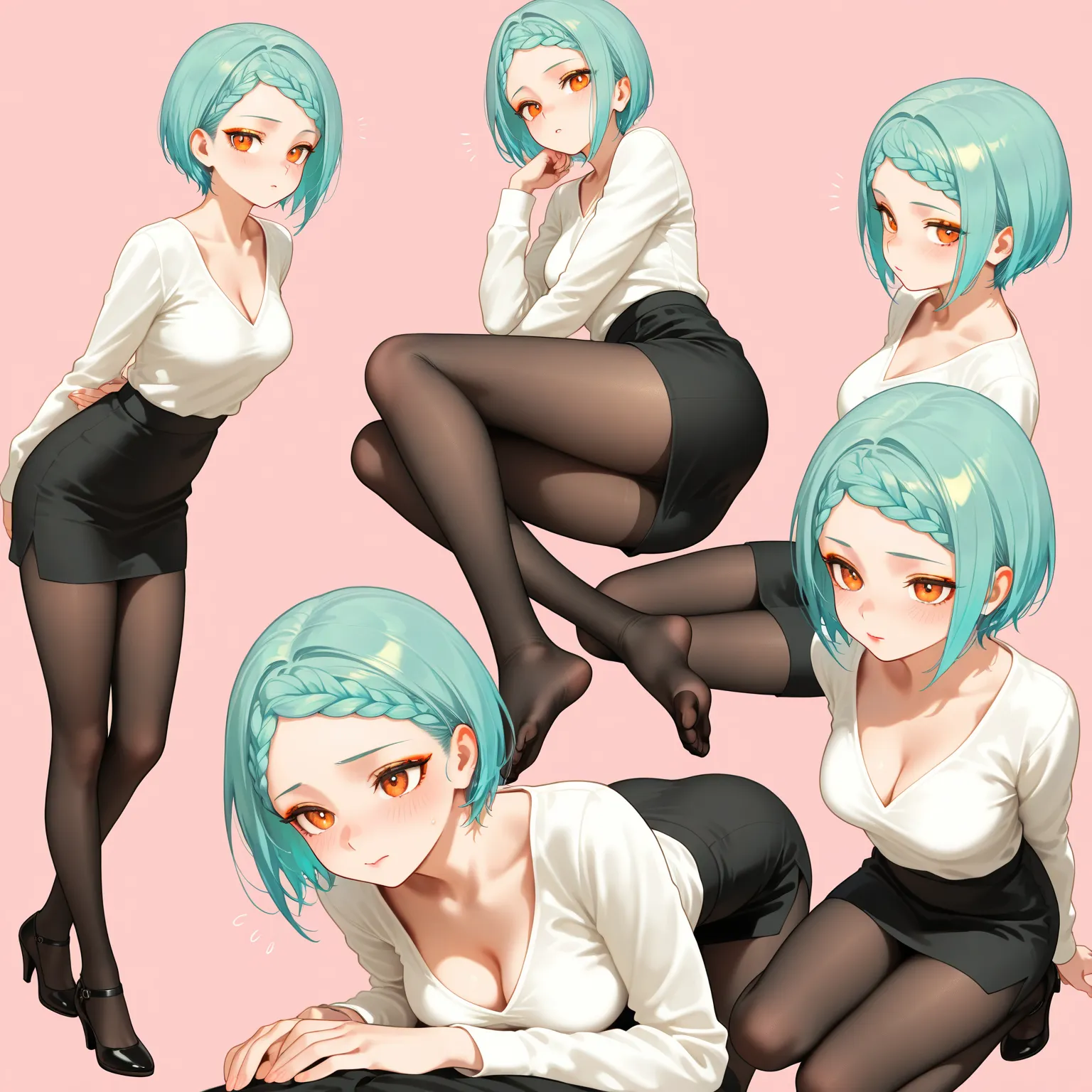 ((1girl)), (solo focus), (best quality), 8k, masterpiece, (aqua hair:1.2), (short hair), (braided bangs hairstyle:1.2), (calm expression), (orange eyes:1.2), (medium breasts), (red lipstick), (golden eyeshadow), (black skirt), (brown pantyhose), (toe cleav...