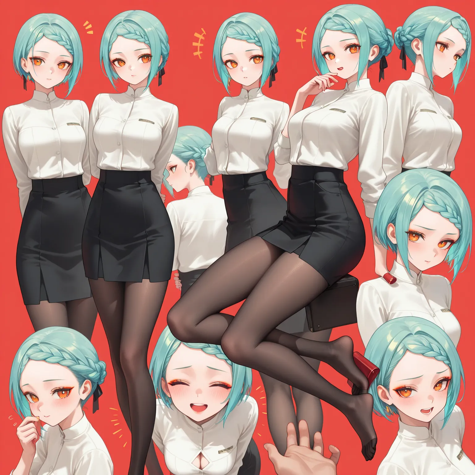 ((1girl)), (solo focus), (single subject:1.2), (best quality), 8k, masterpiece, (aqua hair:1.2), (short hair), (braided bangs hairstyle:1.2), (calm expression), (orange eyes:1.2), (laughing:0.8), (medium breasts), (red lipstick), (golden eyeshadow), (black...