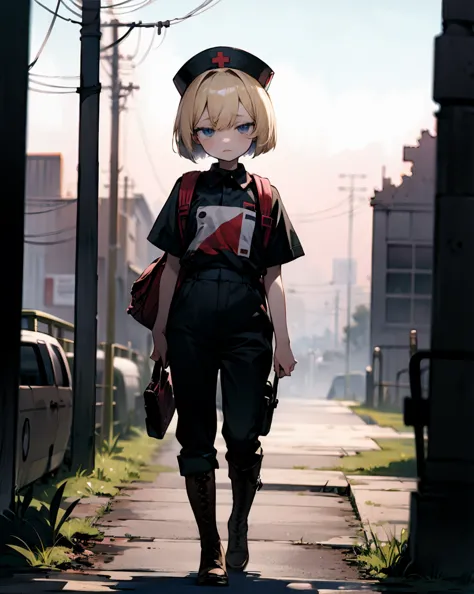 blond bob hair blue eyed girl from a distance、hair between their eyes、black nurse shirt、military boots、backpack、night、 moonlight 、Ruined City、Walking、depth of field、 petite and slender body、by, full body、 tired face、Tired eyes、There is a kuma、 DARK EYESHAD...