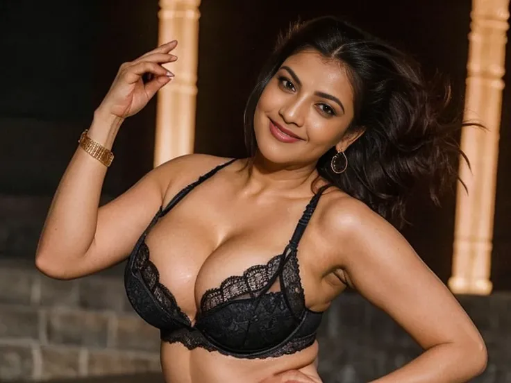 extreme close up photo of sexy indian dancin with wide open spread legs, curvy, hourglass figure, swooping breasts, deep cleavage, open arms, ass, look at viewer and subtle smile, sultry, black lace bra, ponytail, 38 yo, HD, 4k, ultra high quality, (cinema...