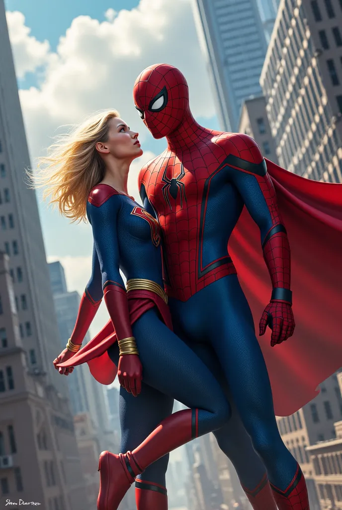 Create an image of Spider-Man together with SUPERGIRL 