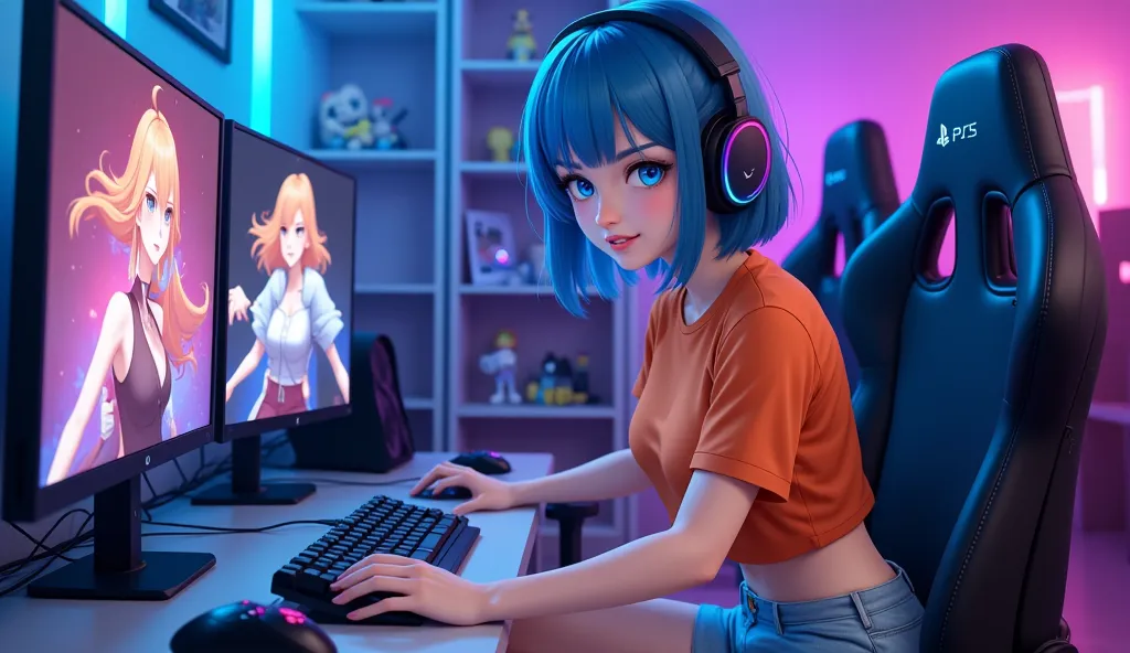  A Japanese-style anime character  , 18 years old , with straight hair at shoulder height in a vibrant blue shade (#549ed9)  and intense blue eyes  , is playing in its state-of-the-art gamer setup , completely immersed in the match.

She wears a vibrant or...