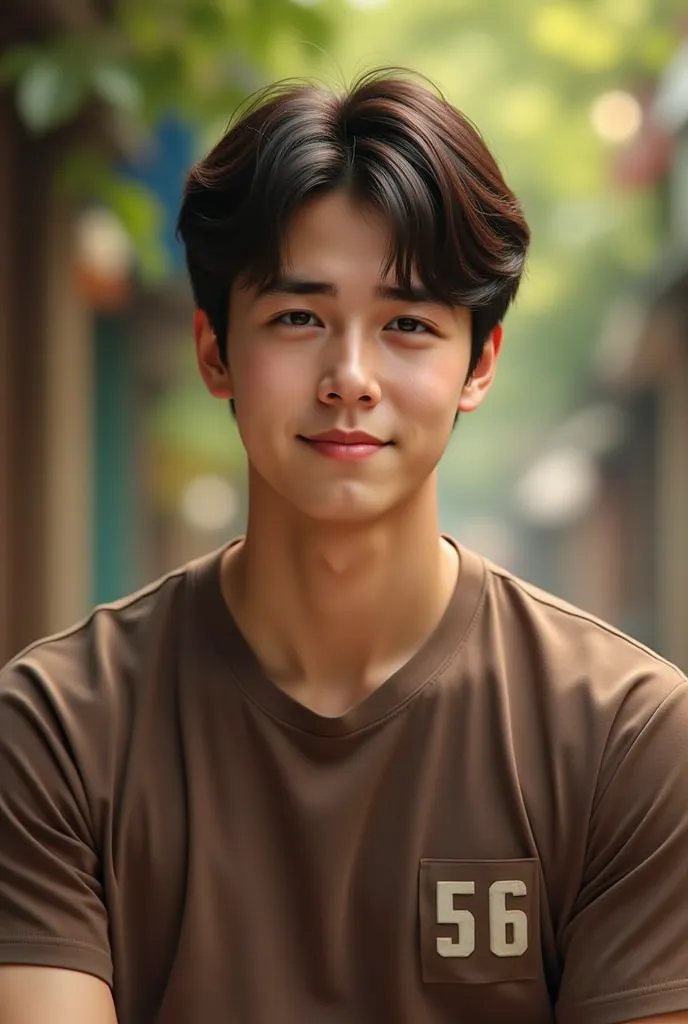 A young Asian handsome man, wearing brown t shirt , 56 number on t shirt on lest side small size , medium size hair, walking, smiling painfully 