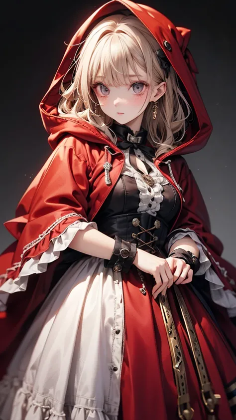 Highest quality, masterpiece,Windblown Hair, Shining Eyes, steampunk style, Light clothing, red clothes, 茶髪 Hair、 Little Red Riding Hood、Hood wearing a hood, anatomically correct, 