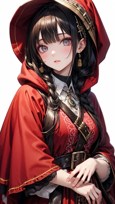 Highest quality, masterpiece,Windblown Hair, Shining Eyes, steampunk style, Light clothing, red clothes, 茶髪 Hair、 Little Red Riding Hood、Hood wearing a hood, anatomically correct, 