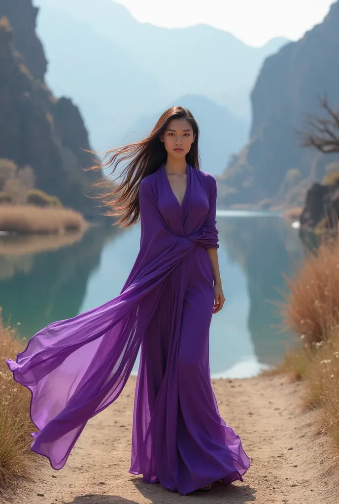 A beautiful Asian woman with long straight hair unraveled gently wears a long shawl of purple color holding a bow and arrow walking on a dirt road among dry trees and left right lake and rock cliff wind blowing strong blowing shawl realistic picture full h...