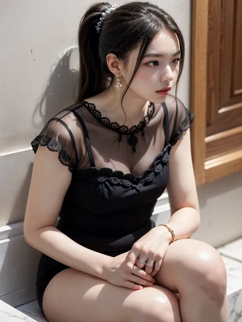 a woman sitting on a marble bench in a room, black hair, ponytail, earrings, bracelet, lips, ring, crossed legs