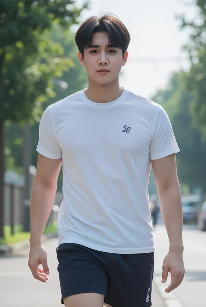 A young Asian handsome man, wearing t shirt , 56 number on t shirt on lest side small size , medium size hair, walking, smiling painfully 