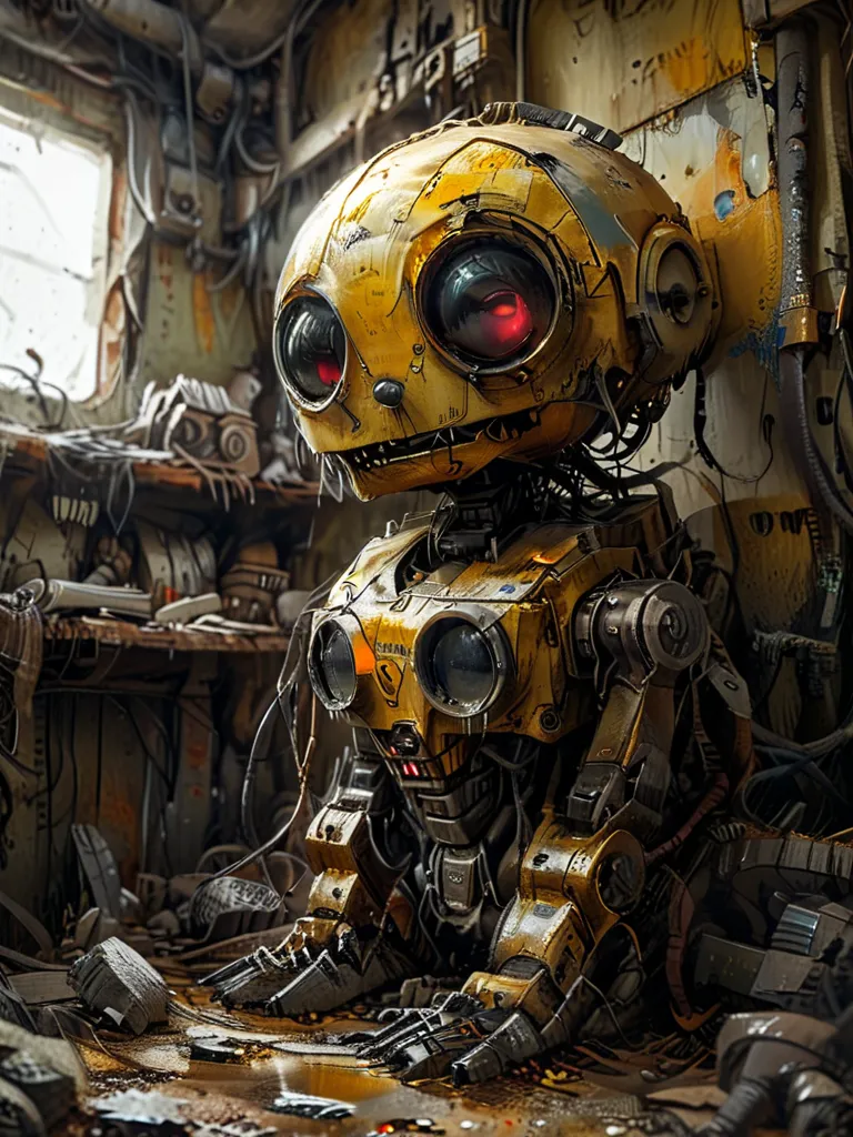 "A small, boxy, and weathered robot with large, expressive binocular-like eyes, standing in a dimly lit workshop filled with tools and machinery. The robot has a rusty yellow body with visible scratches and dirt, giving it a worn-out yet charming look. Its...