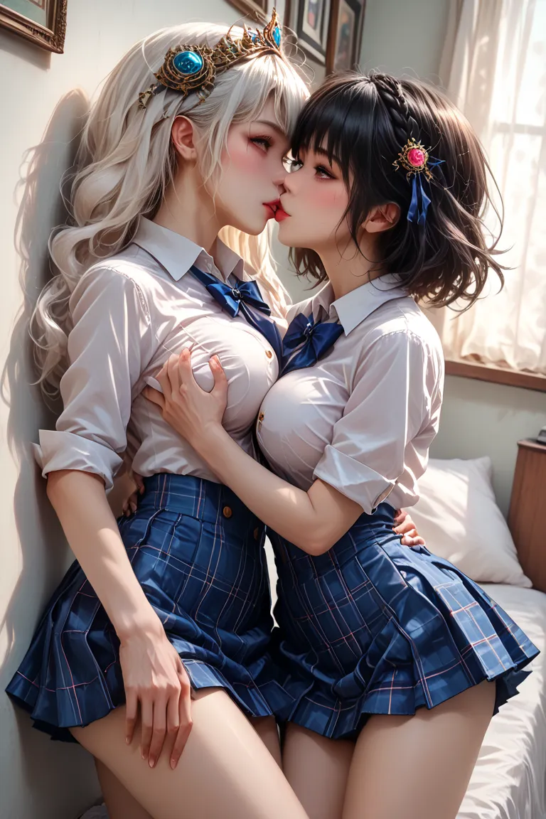 Two 1 women lying on bed, (((two 1 women))), two embracing, lying face down on bed, realistic skin, ((dark eyes)), faint smile, one with medium short hair, one with long blond hair, real young gravure idol, beast, ,8k, (((8k,super realistic,realistic photo...