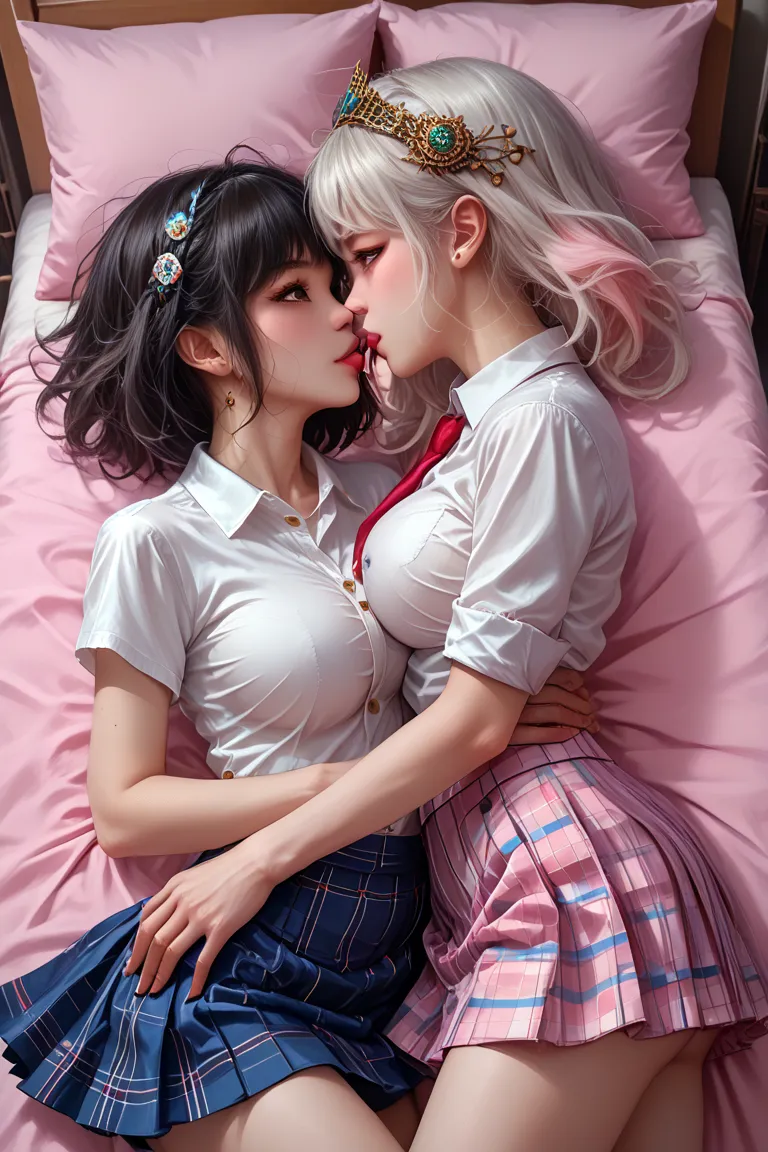 Two 1 women lying on bed, (((two 1 women))), two embracing, lying face down on bed, realistic skin, ((dark eyes)), faint smile, one with medium short hair, one with long blond hair, real young gravure idol, beast, ,8k, (((8k,super realistic,realistic photo...