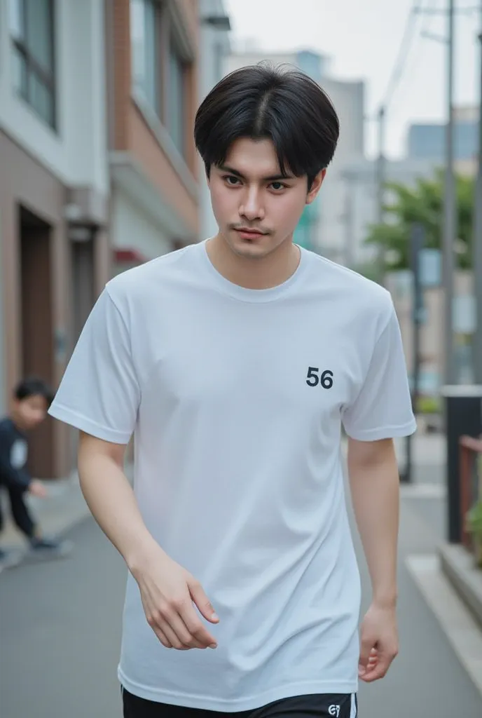 A young Asian handsome man, wearing t shirt , 56 number on t shirt on lest side small size , medium size hair, walking, smiling painfully 