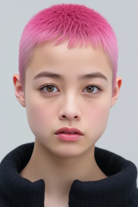 (masterpiece, best quality:1.2), 1girl, solo, pink buzz cut 