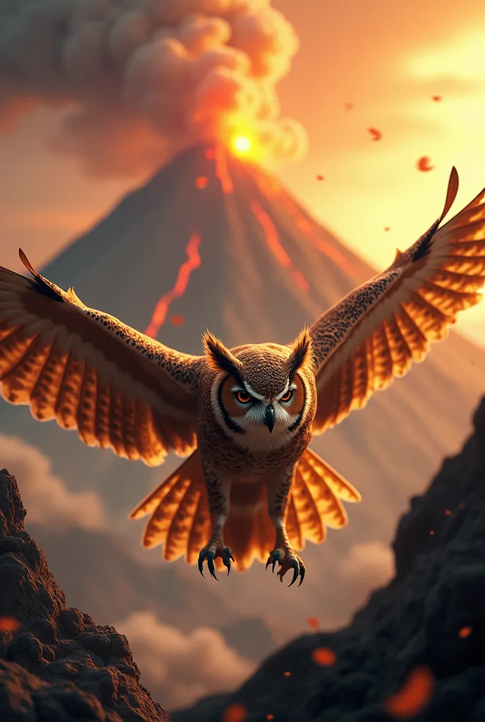 Owl flying on the volcano 