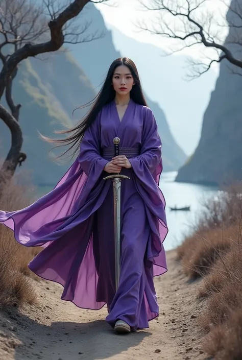 A beautiful Asian woman with long straight hair unraveled gently wears a long shawl of purple color her hands holding a sword wielding walking on a dirt road among dry trees and left right lake and rock cliff wind blowing strong blowing shawl realistic pic...